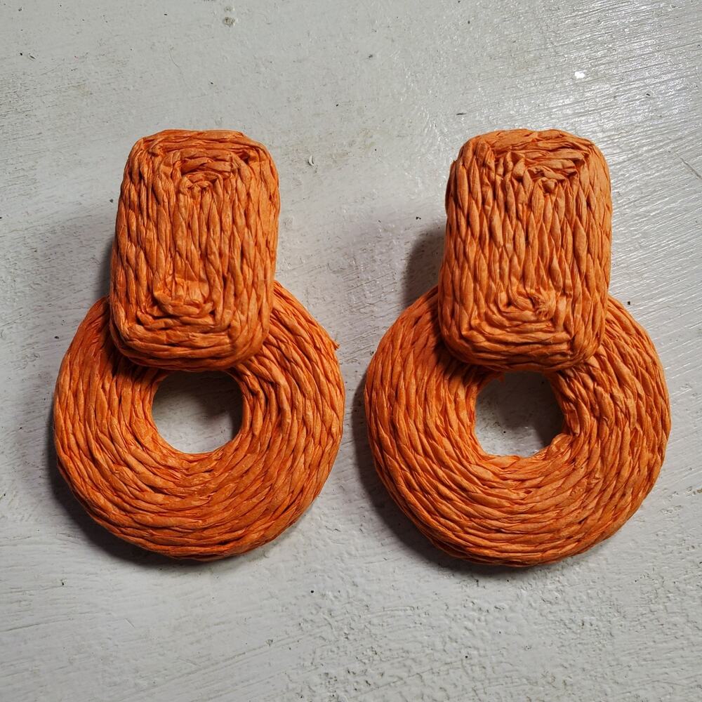 Vintage Statement Earrings Orange Wrapped Rattan Inch